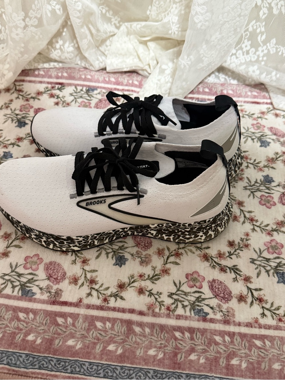 Brooks Women’s White and Black Running Shoes with Leopard-Pattern Midsole